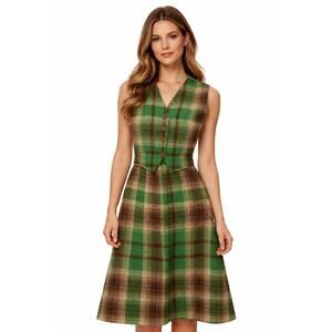 1970s Handmade Green Brown Plaid Skirt & Vest Set XXS